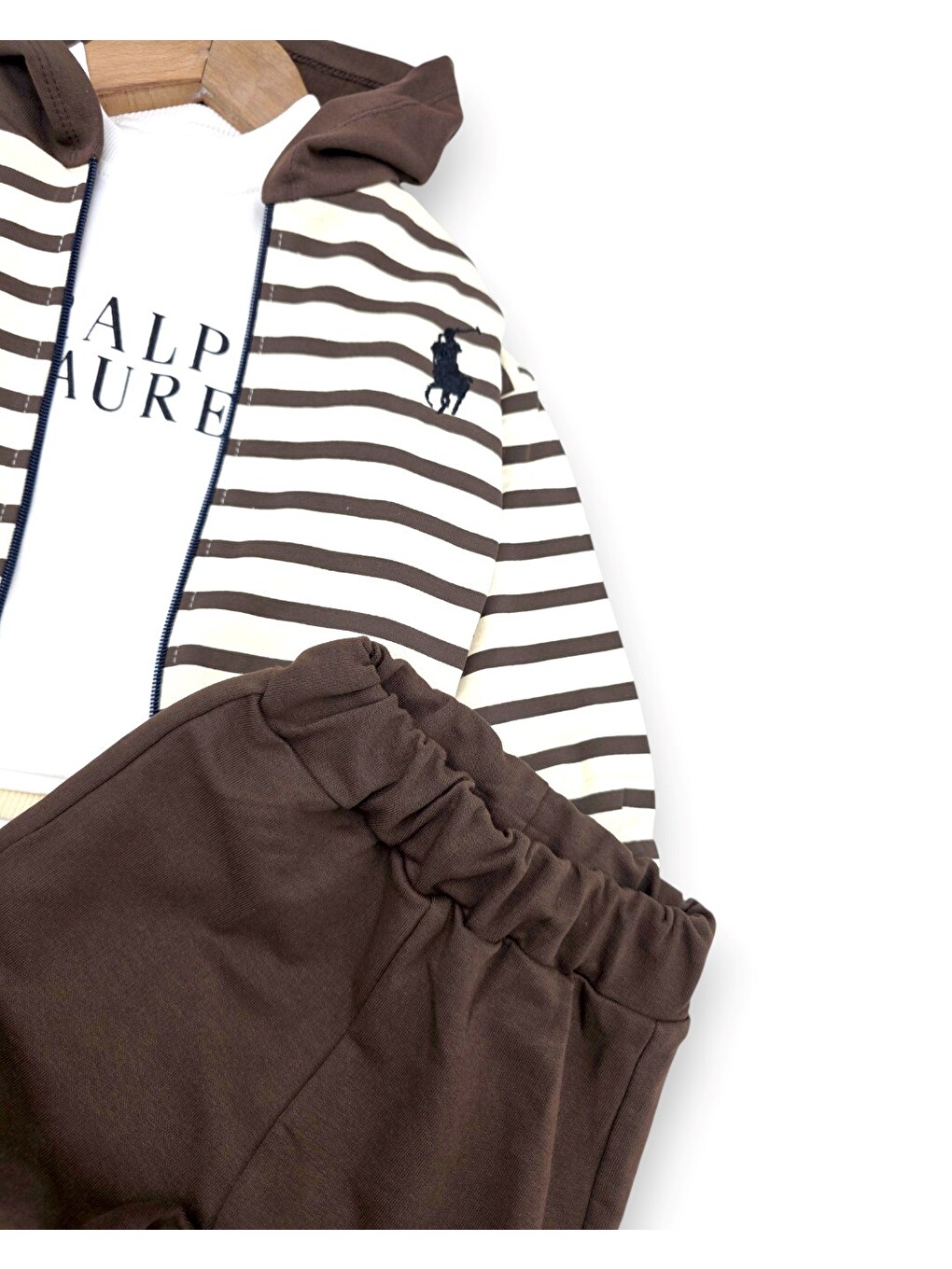 Kahverengi Erkek Bebek Kapüşonlu 3'lü Takım Fermuarlı Sweatshirt Eşofman Takımı-5