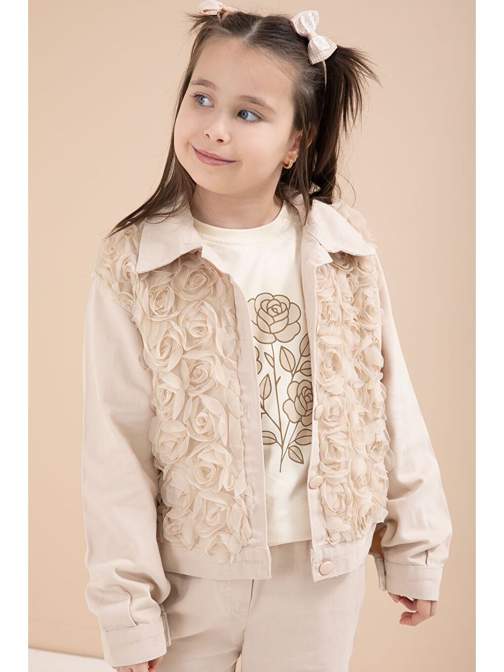 Ekru Krem Önü Gül İşlemeli Ceketli Kız Çocuk Pantolonlu 3lü Alt Üst Takım 23606-3