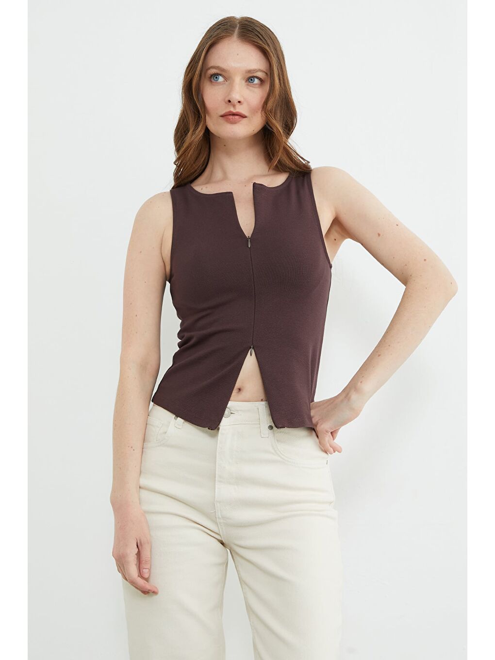 Kahverengi Basic Çift Fermuarlı Bluz-4