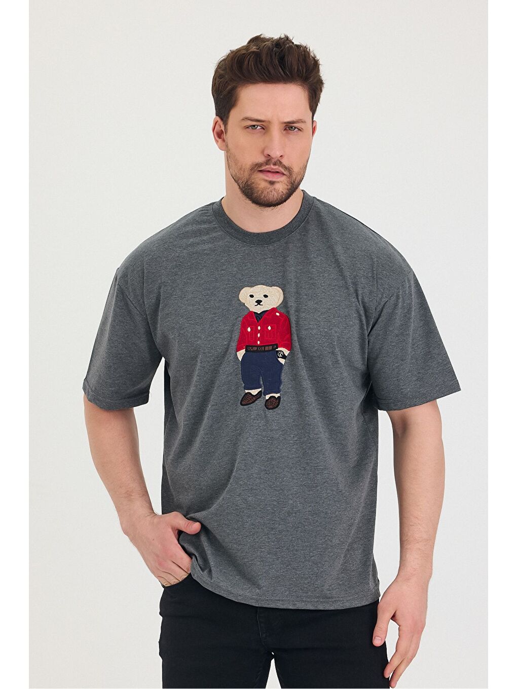 Gri Bisiklet Yaka Oversize Ayıcık Baskılı Salaş Unisex Tişört