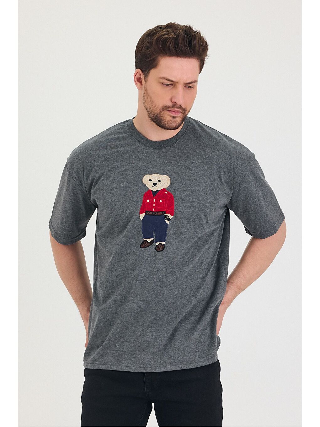 Gri Bisiklet Yaka Oversize Ayıcık Baskılı Salaş Unisex Tişört-1