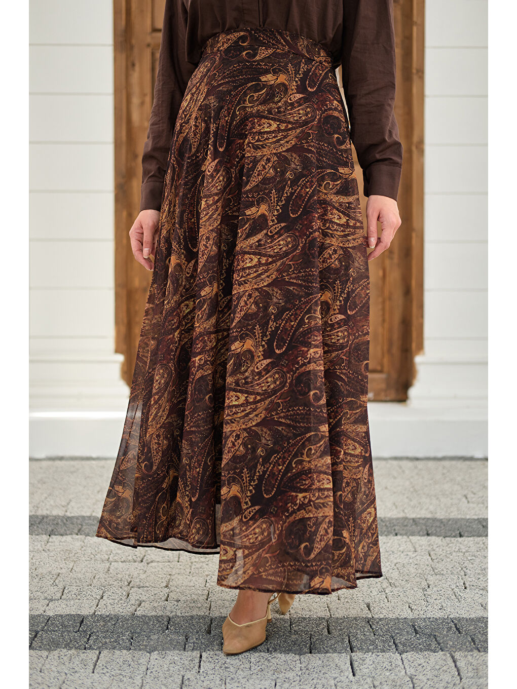 Kadın Etnik Desen Şifon Etek Kahverengi