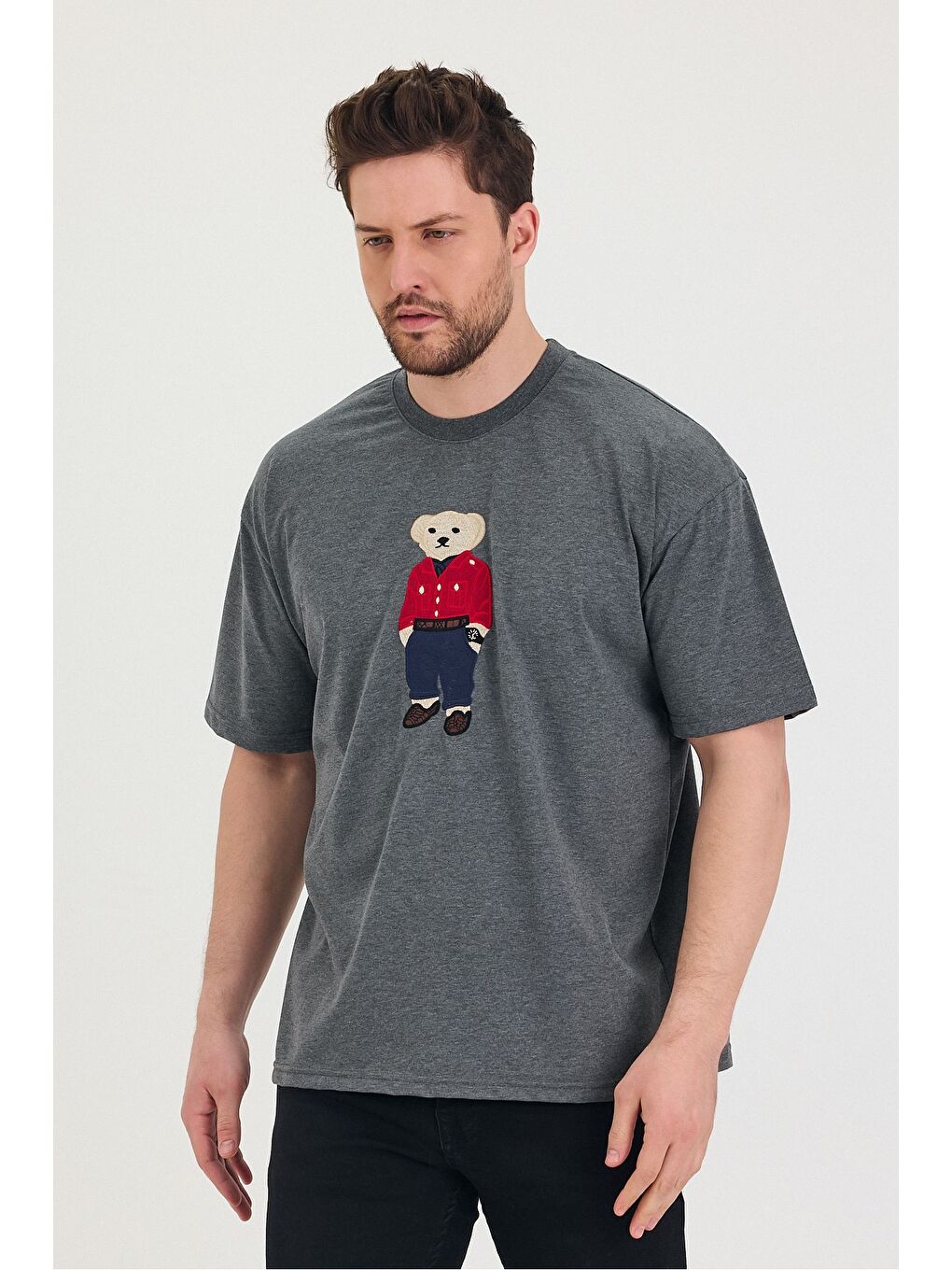 Gri Bisiklet Yaka Oversize Ayıcık Baskılı Salaş Unisex Tişört-2