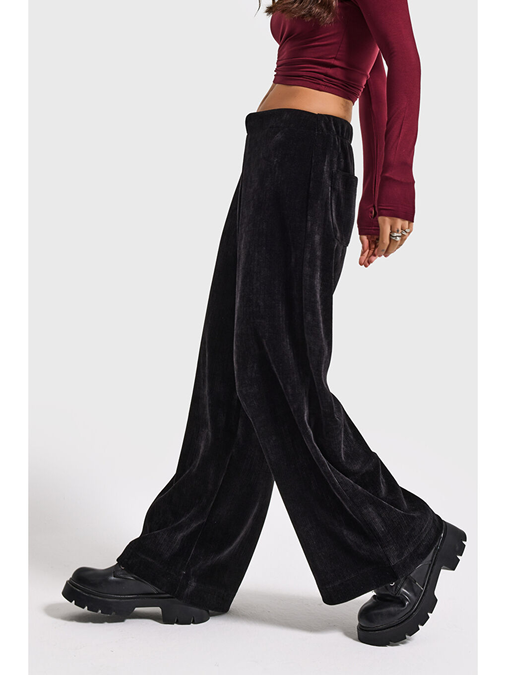 Kadın Siyah w5-1 Palazzo Fit Velvet Kadife Kumaş Pantolon