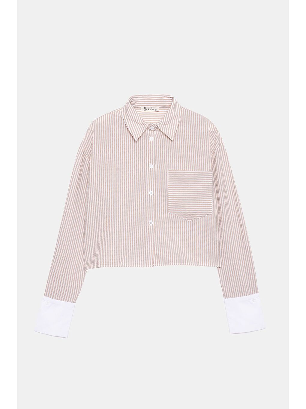 Bej Kadın Çizgili Relax Fit Tek Cep Dokuma Crop Gömlek - Manşeti Beyaz