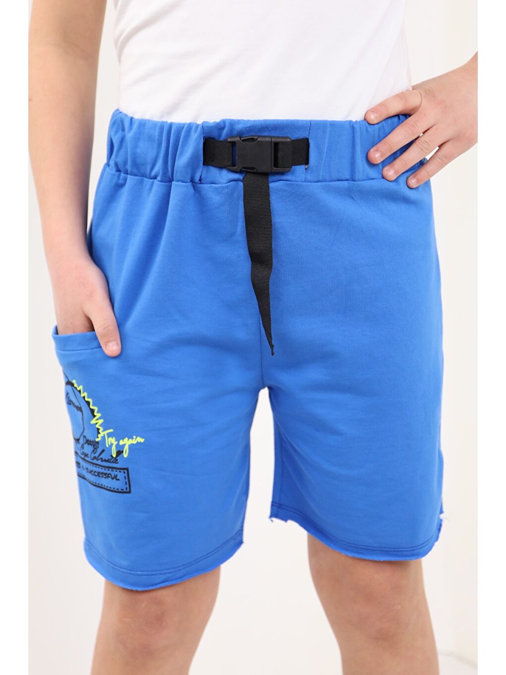 Mavi Erkek Çocuk Toka Kemerli Try Again Baskılı Şort