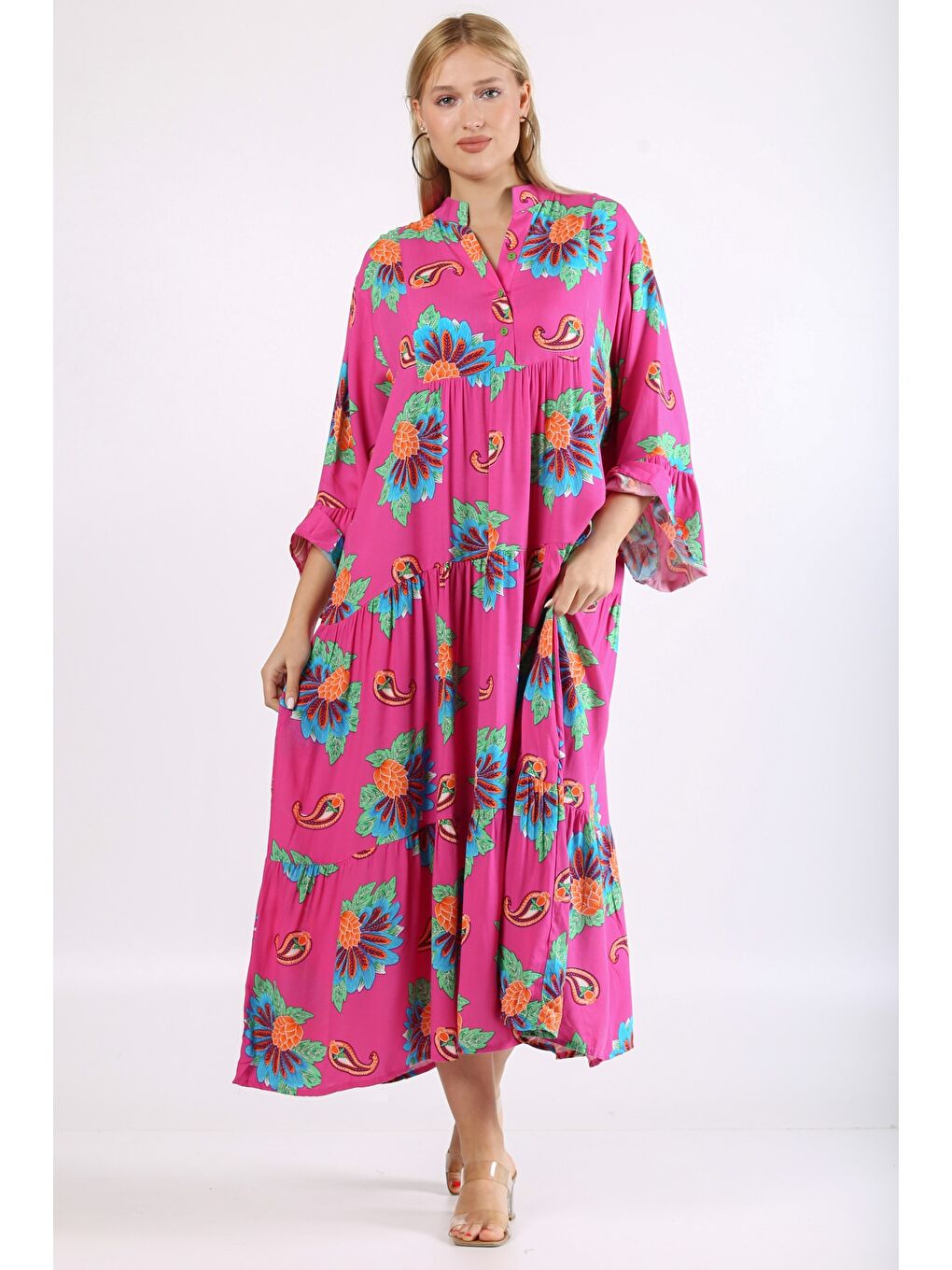 Pembe Hakim Yaka Fırfırlı Kol Şal Desenli Düğmeli Dokuma Oversize Elbise-2