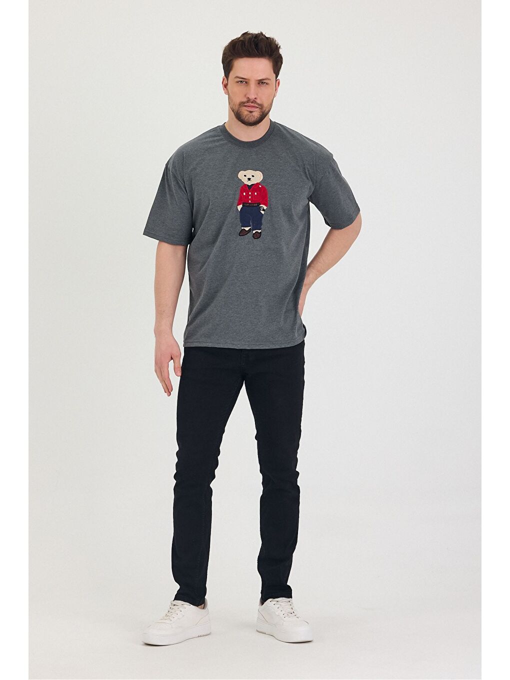 Gri Bisiklet Yaka Oversize Ayıcık Baskılı Salaş Unisex Tişört-3