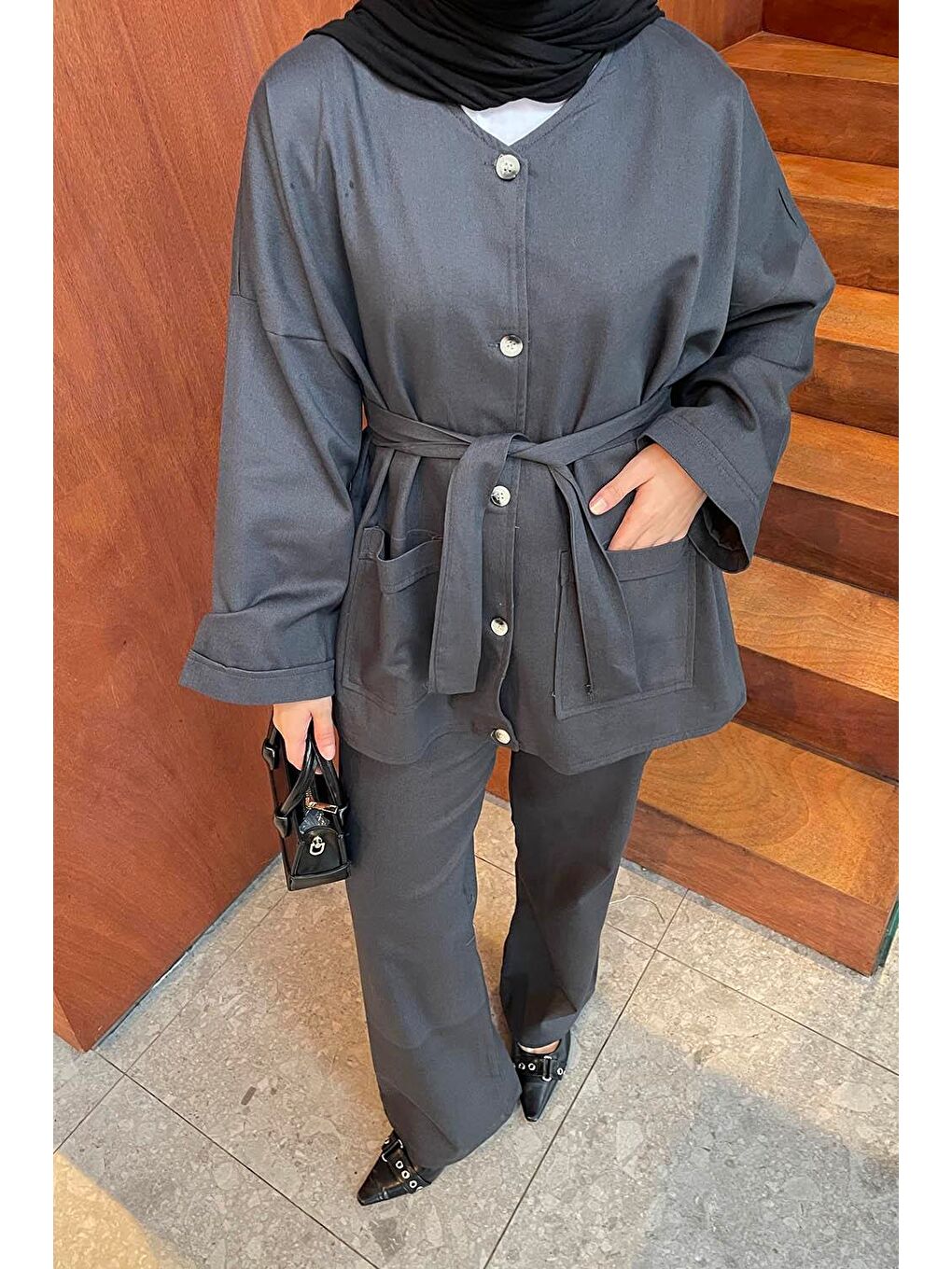 Kuşaklı Gabardin Takım Antrasit-2