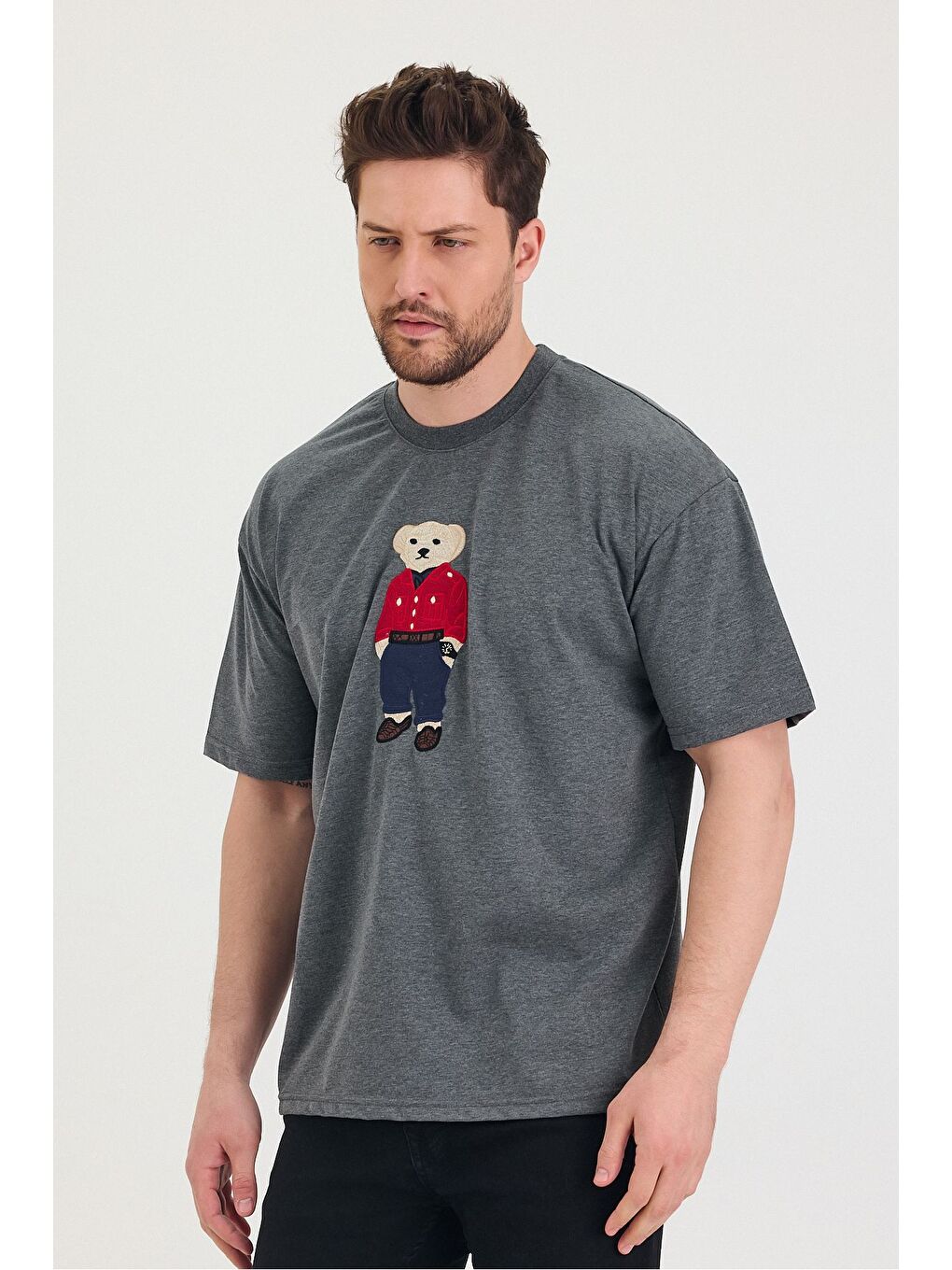 Gri Bisiklet Yaka Oversize Ayıcık Baskılı Salaş Unisex Tişört-6