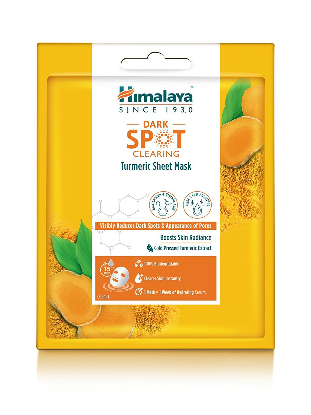 Himalaya Since 1930 Dark Spot Clearing Leke Karşıtı Zerdeçal Özlü Kağıt Maske 30 ml, Niacinamide, Glikolik Asit