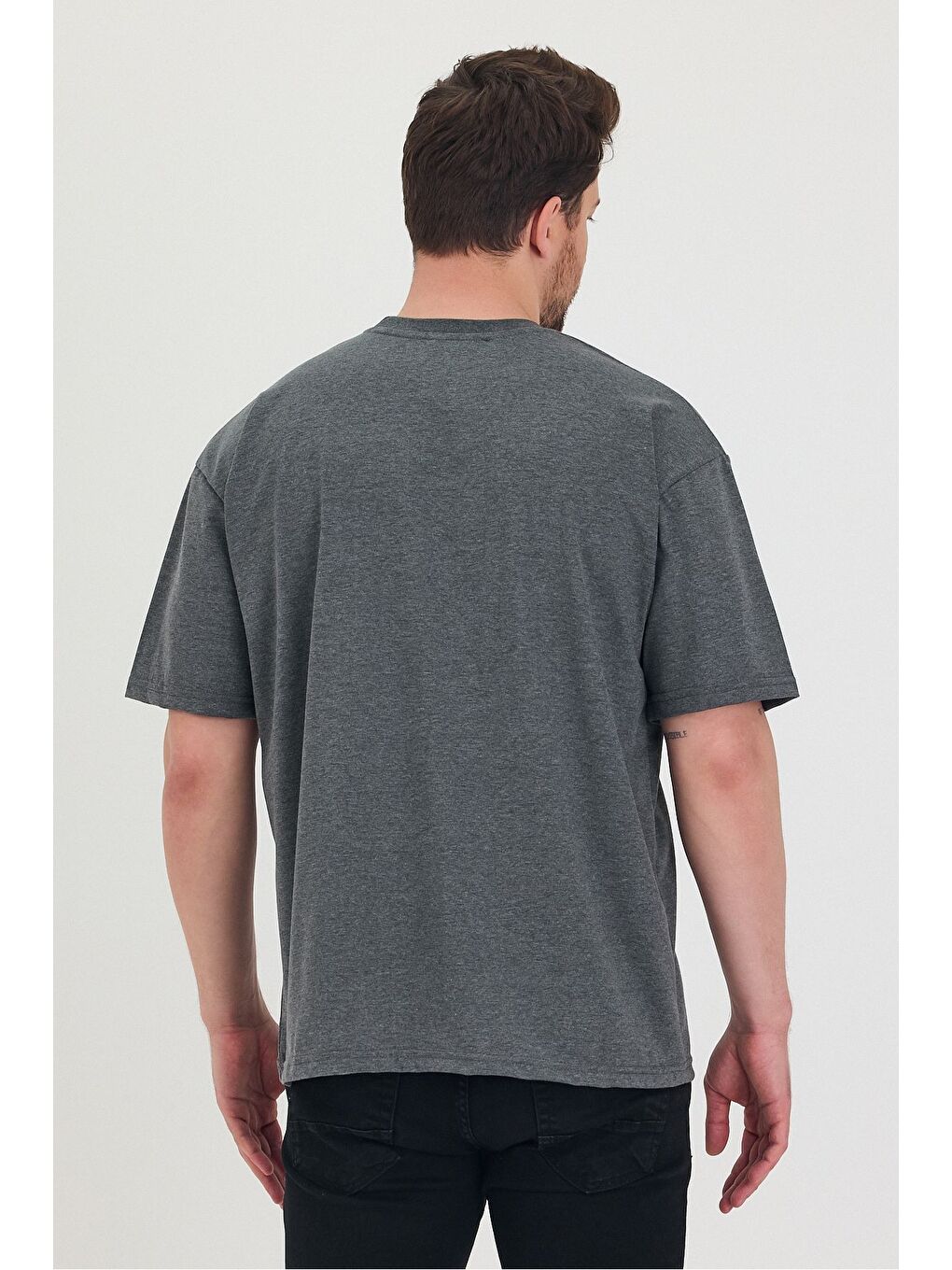 Gri Bisiklet Yaka Oversize Ayıcık Baskılı Salaş Unisex Tişört-7