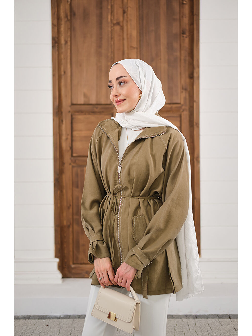 Kadın Gold Fermuar Detay Dikiş İzli Ceket Yağ Yeşil-3