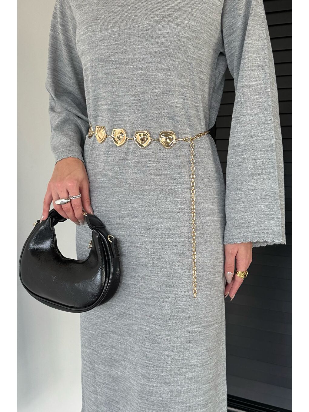 Gri Bisiklet Yaka Metal Kemerli Triko Elbise-3