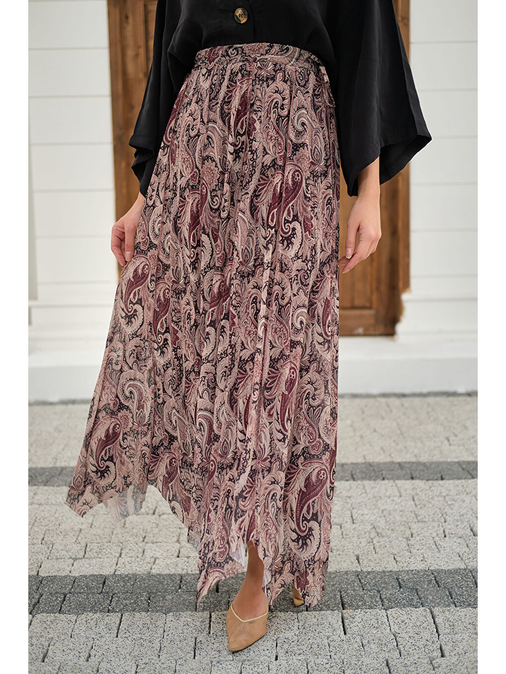 Kadın Asimetrik Kesim Etnik Desenli Şifon Etek Mürdüm-1