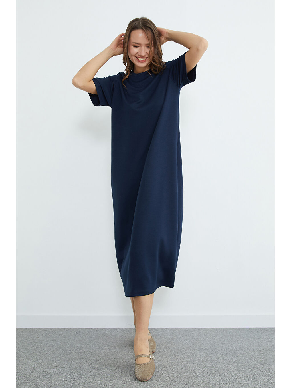 Lacivert Basic Bisiklet Yaka Midi Boy Modal Elbise-1