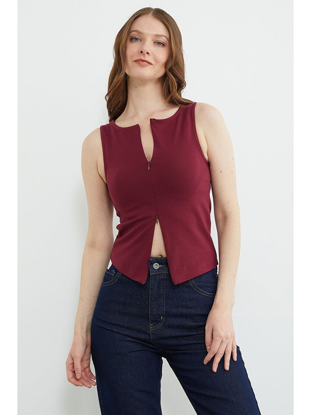 Bordo Basic Çift Fermuarlı Bluz