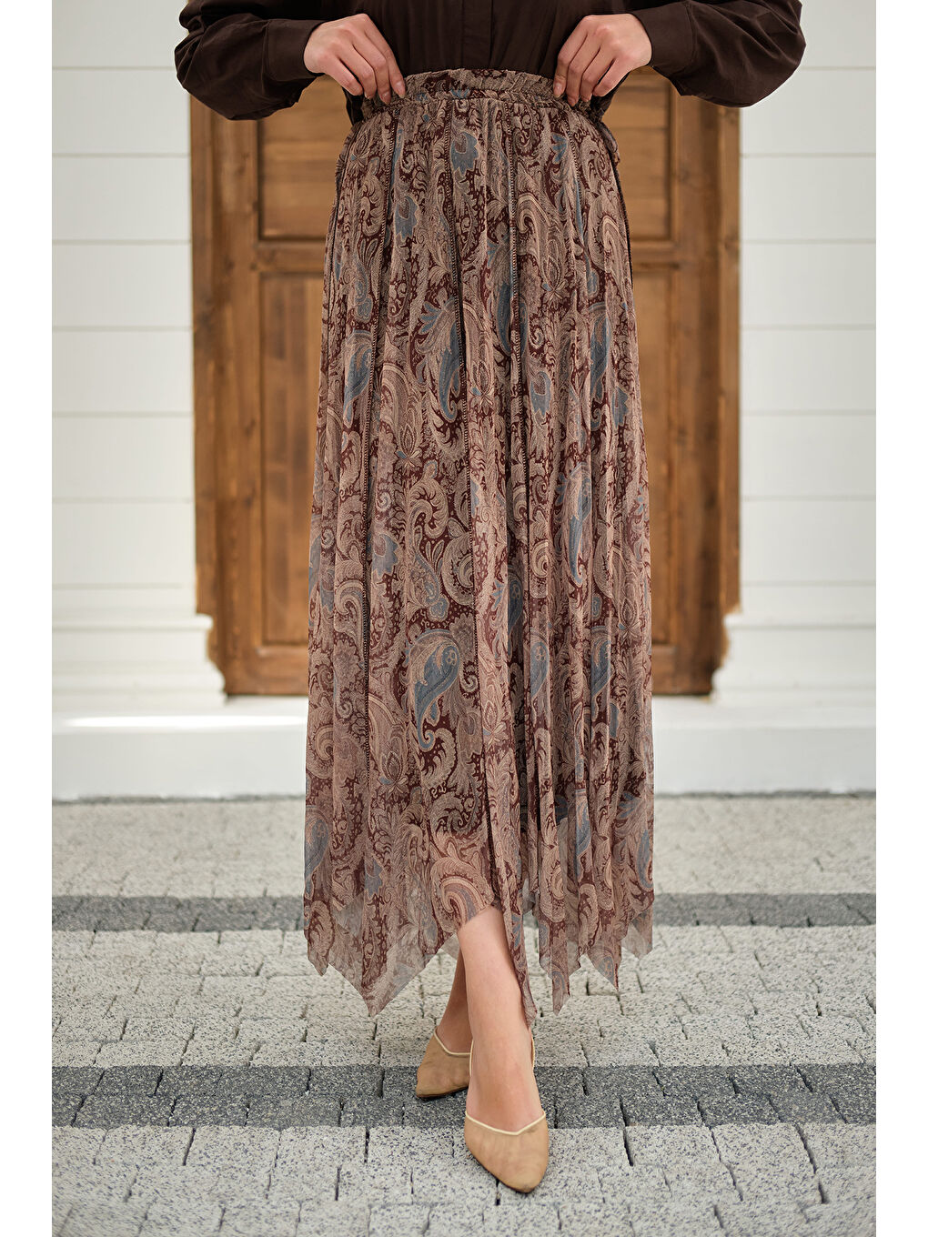 Kadın Asimetrik Kesim Etnik Desenli Şifon Etek Küf Yeşil