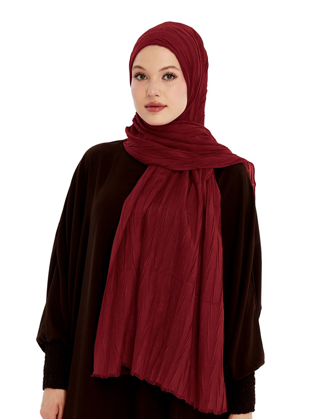 Bordo Pliseli Bambu Şal-4