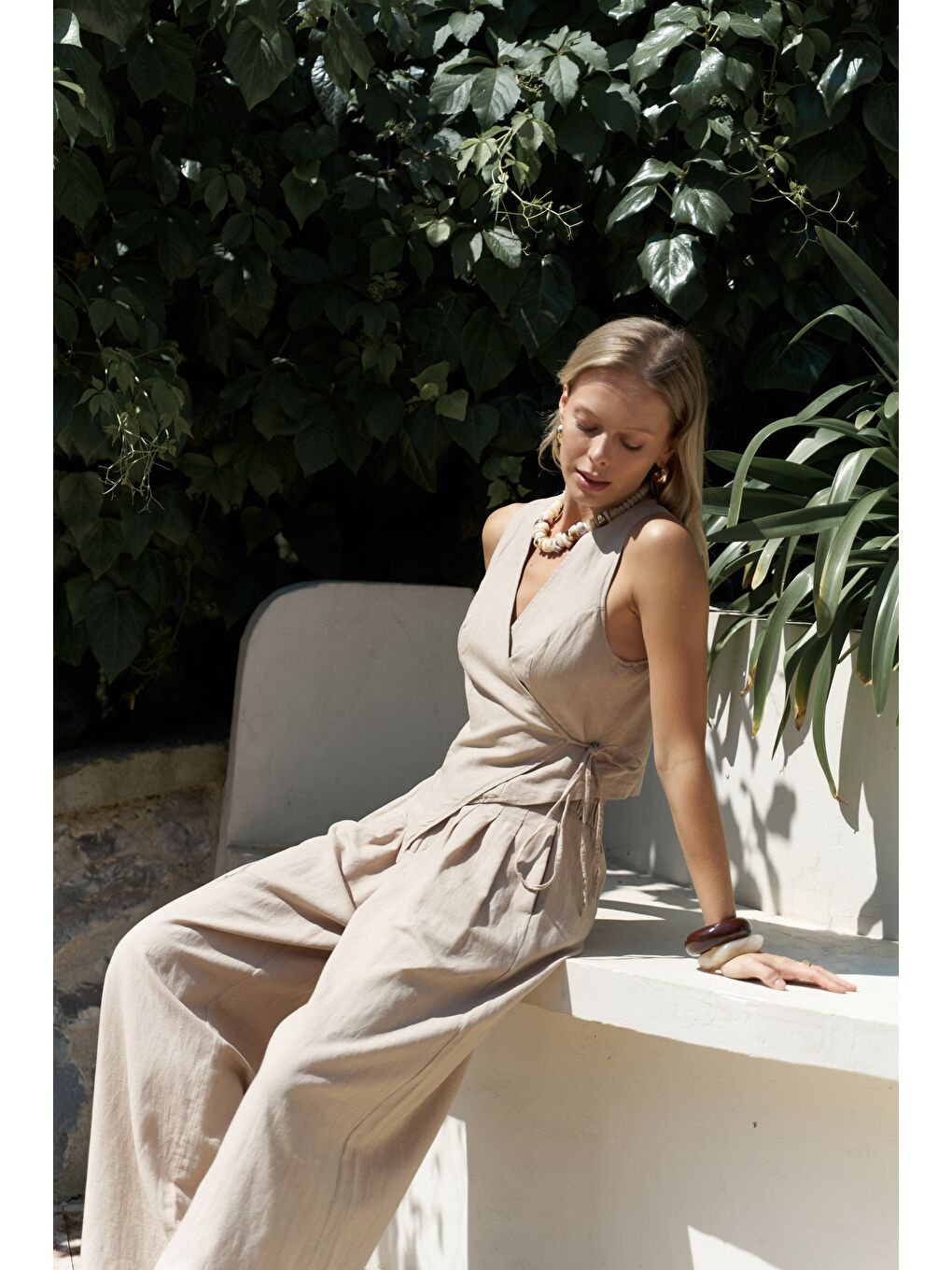 Moibel Bağcık Detay Bej Crop Pantolon Takım-4