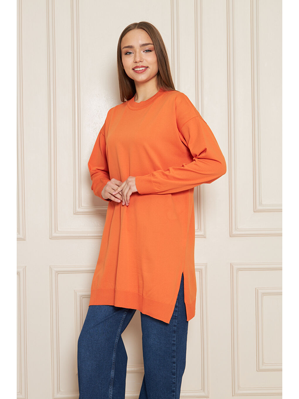 Kadın Bisiklet Yaka Yırtmaçlı Oversize Turuncu Triko Kazak-1