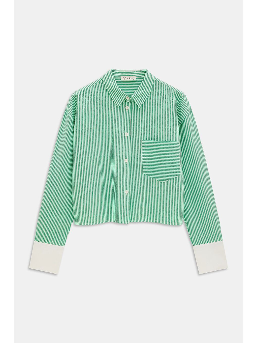 Yeşil Kadın Çizgili Relax Fit Tek Cep Dokuma Crop Gömlek - Manşeti Beyaz