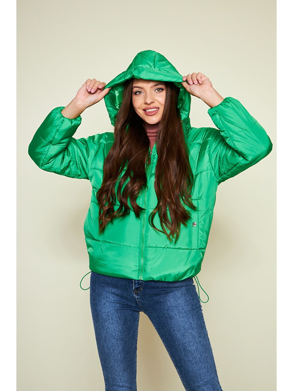 Yeşil Kadın Kışlık Cepli Basic Kapüşonlu Zümrüt Şişme Mont-2