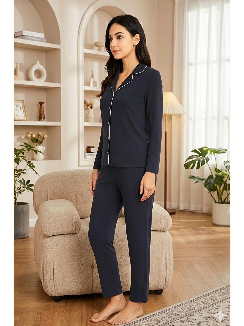 Kadın Pamuklu Süprem Önden Düğmeli Biyeli Pijama Takımı | Lacivert 130-1