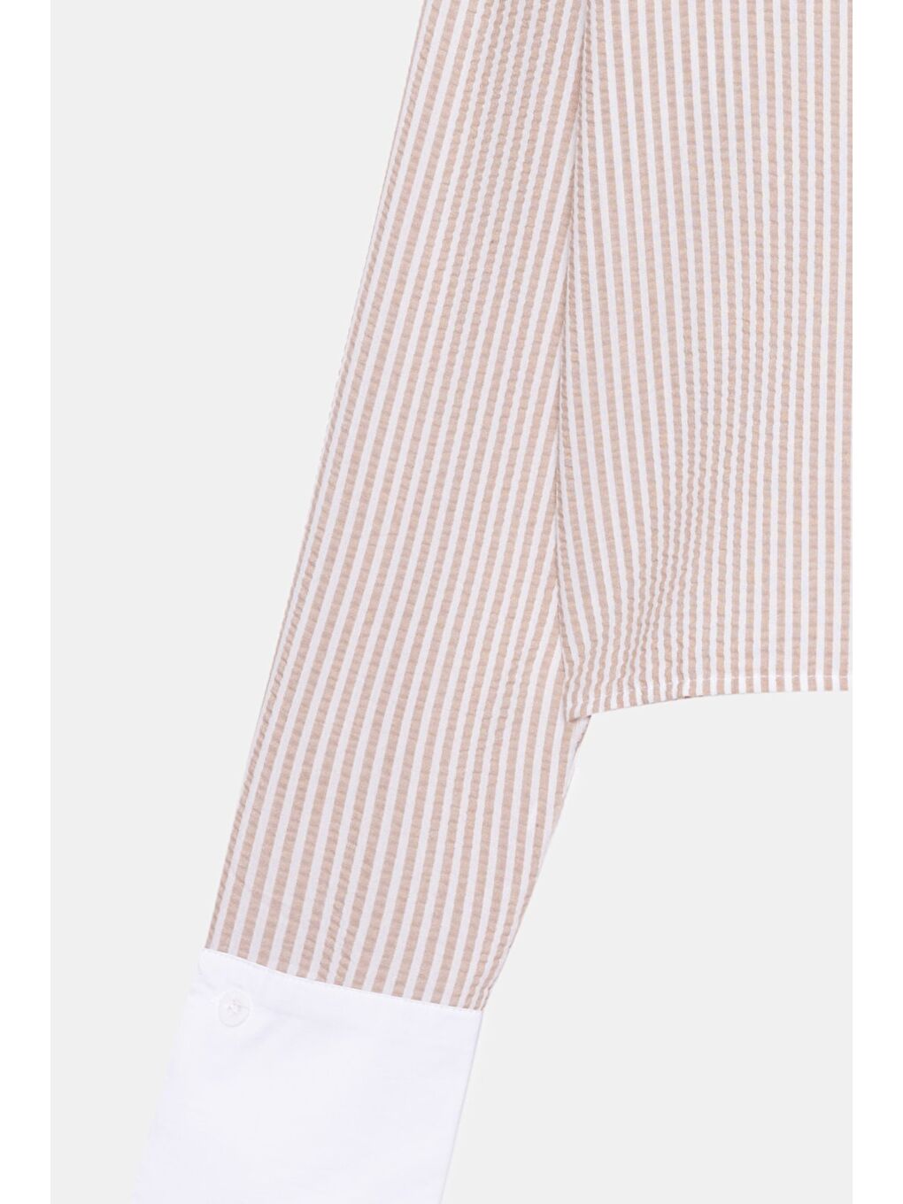 Bej Kadın Çizgili Relax Fit Tek Cep Dokuma Crop Gömlek - Manşeti Beyaz-3