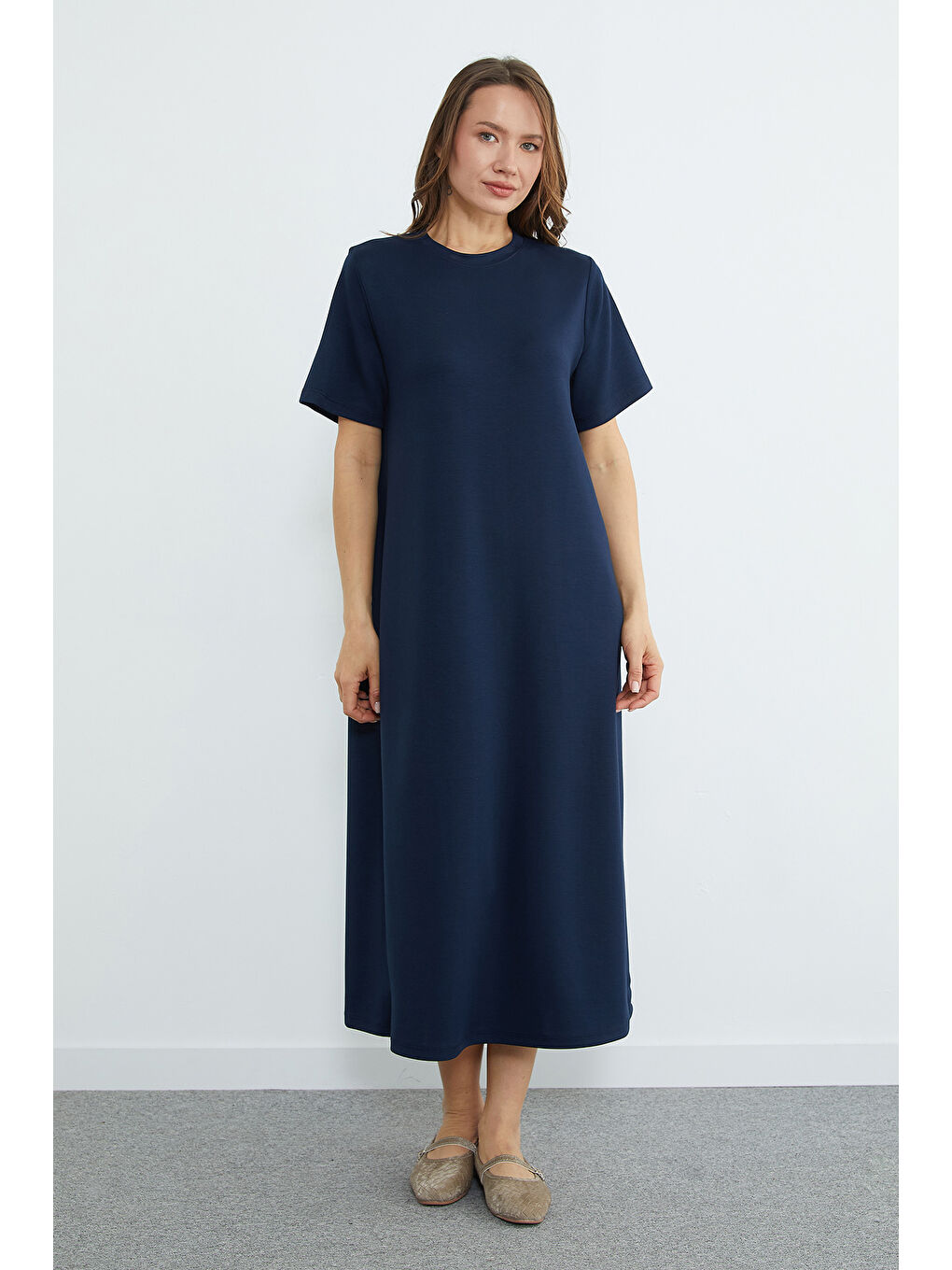 Lacivert Basic Bisiklet Yaka Midi Boy Modal Elbise-2