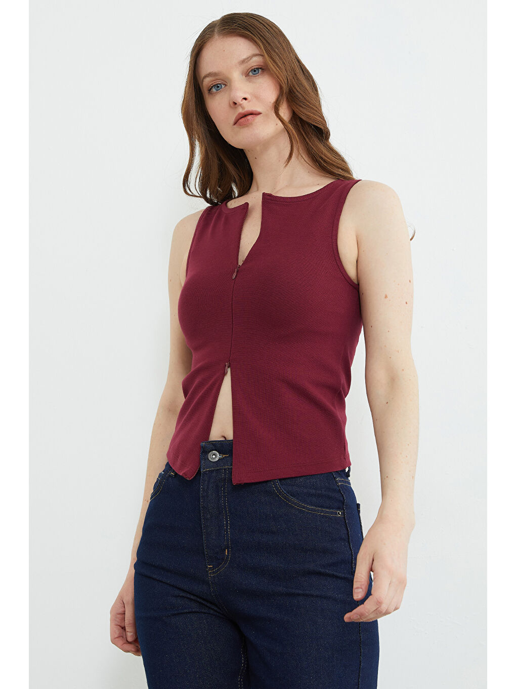 Bordo Basic Çift Fermuarlı Bluz-1