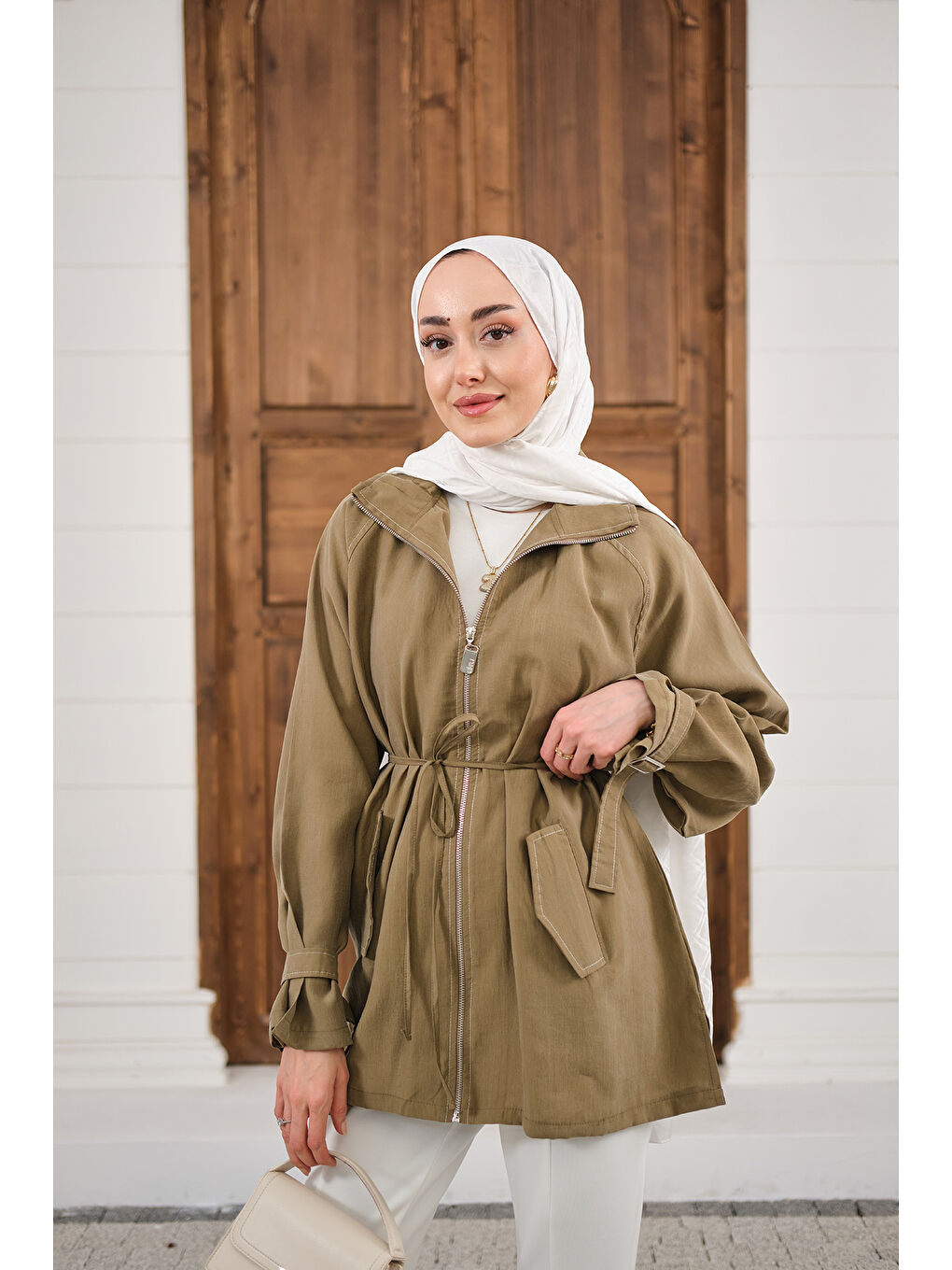 Kadın Gold Fermuar Detay Dikiş İzli Ceket Yağ Yeşil-4