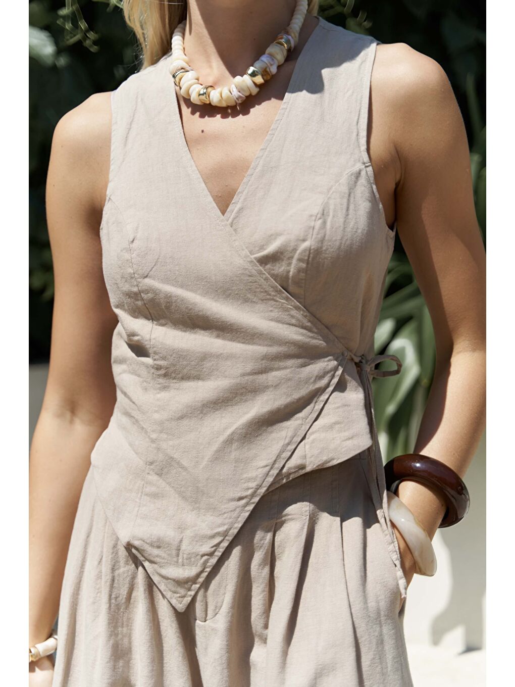 Moibel Bağcık Detay Bej Crop Pantolon Takım-5