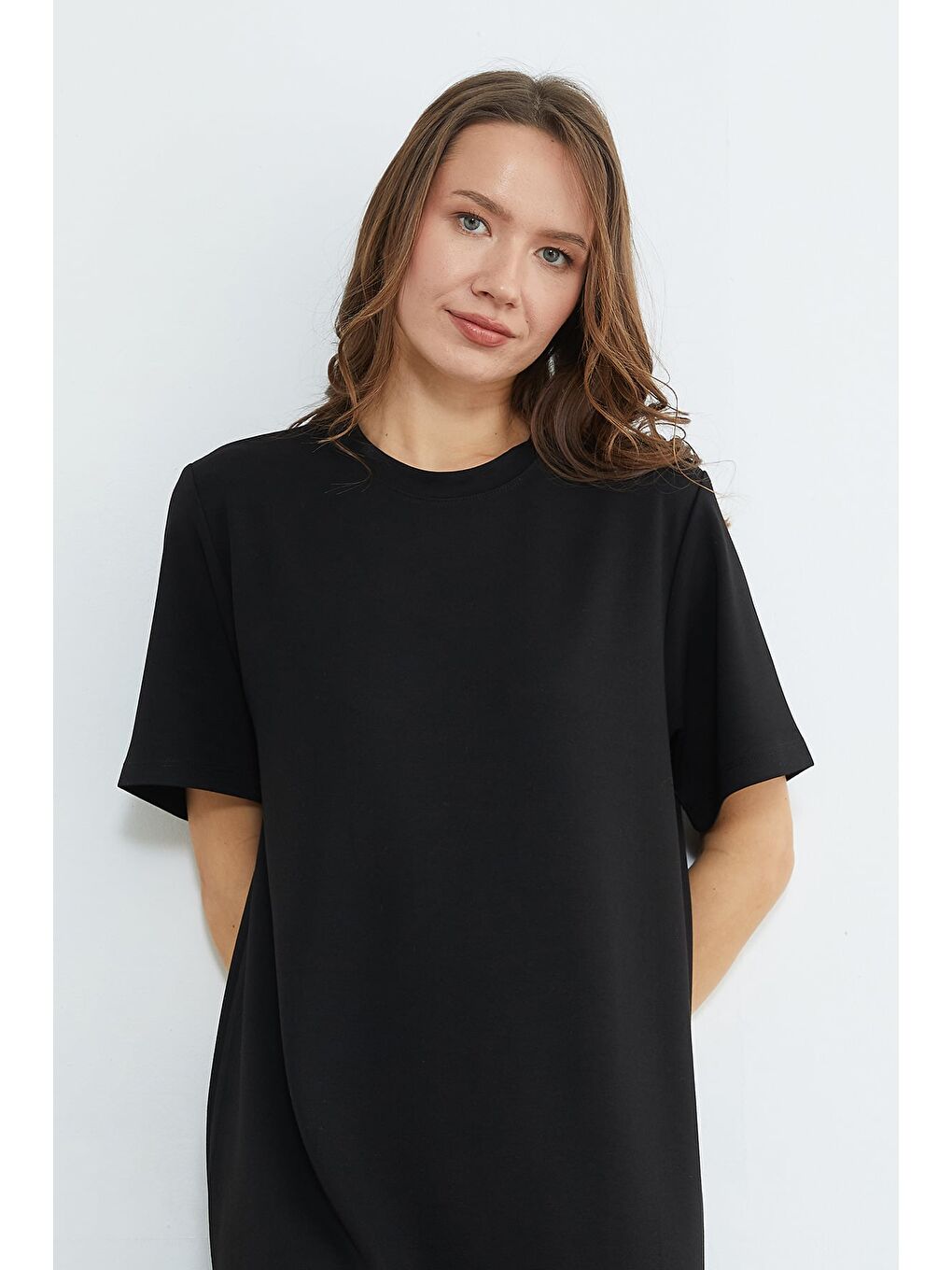 Siyah Basic Bisiklet Yaka Midi Boy Modal Elbise-1