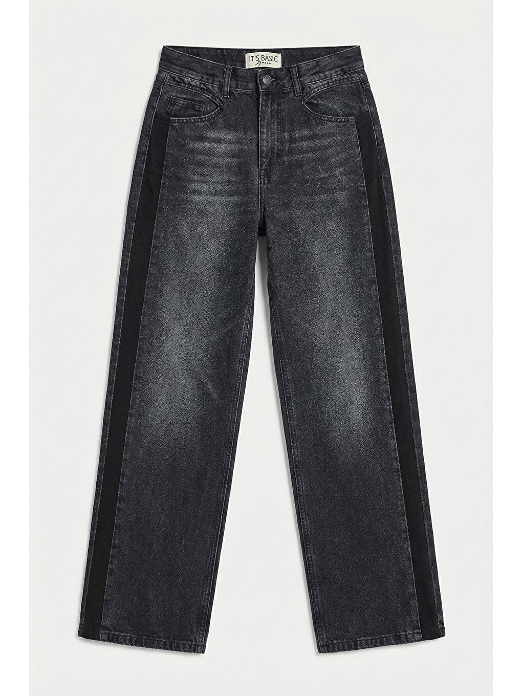 Gri Kadın Koyu Füme 2s6-1 Loose Fit Yandan Süet Şeritli Tasarım Denim Jean-1