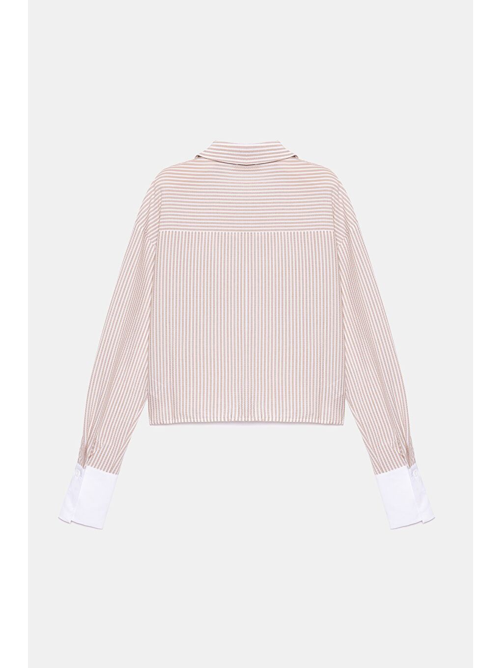 Bej Kadın Çizgili Relax Fit Tek Cep Dokuma Crop Gömlek - Manşeti Beyaz-4