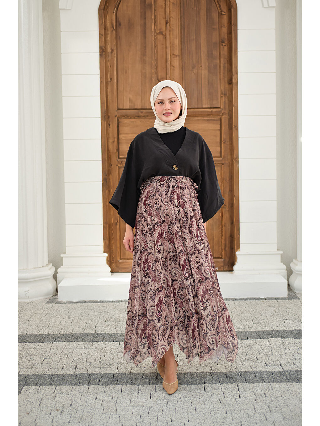 Kadın Asimetrik Kesim Etnik Desenli Şifon Etek Mürdüm-2