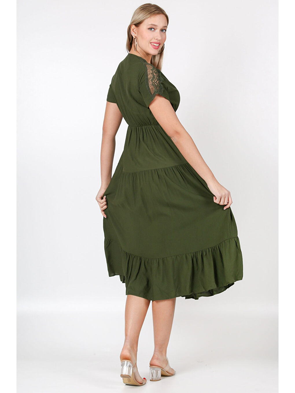 Haki V Yaka Kısa Kol Brodeli Dokuma Elbise-3