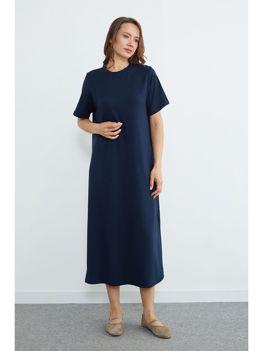 Lacivert Basic Bisiklet Yaka Midi Boy Modal Elbise-3