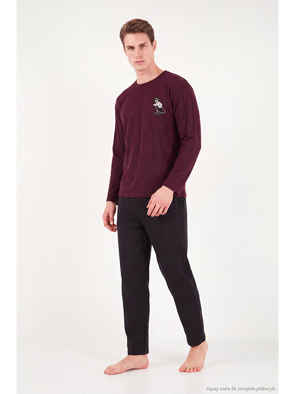 Bordo Nakışıklı Yumuşak Dokulu Bisiklet Yaka Pijama Takımı 6575010-1
