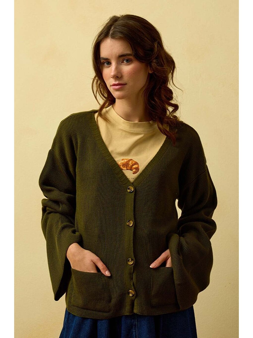 Haki İspanyol Kol Triko Hırka