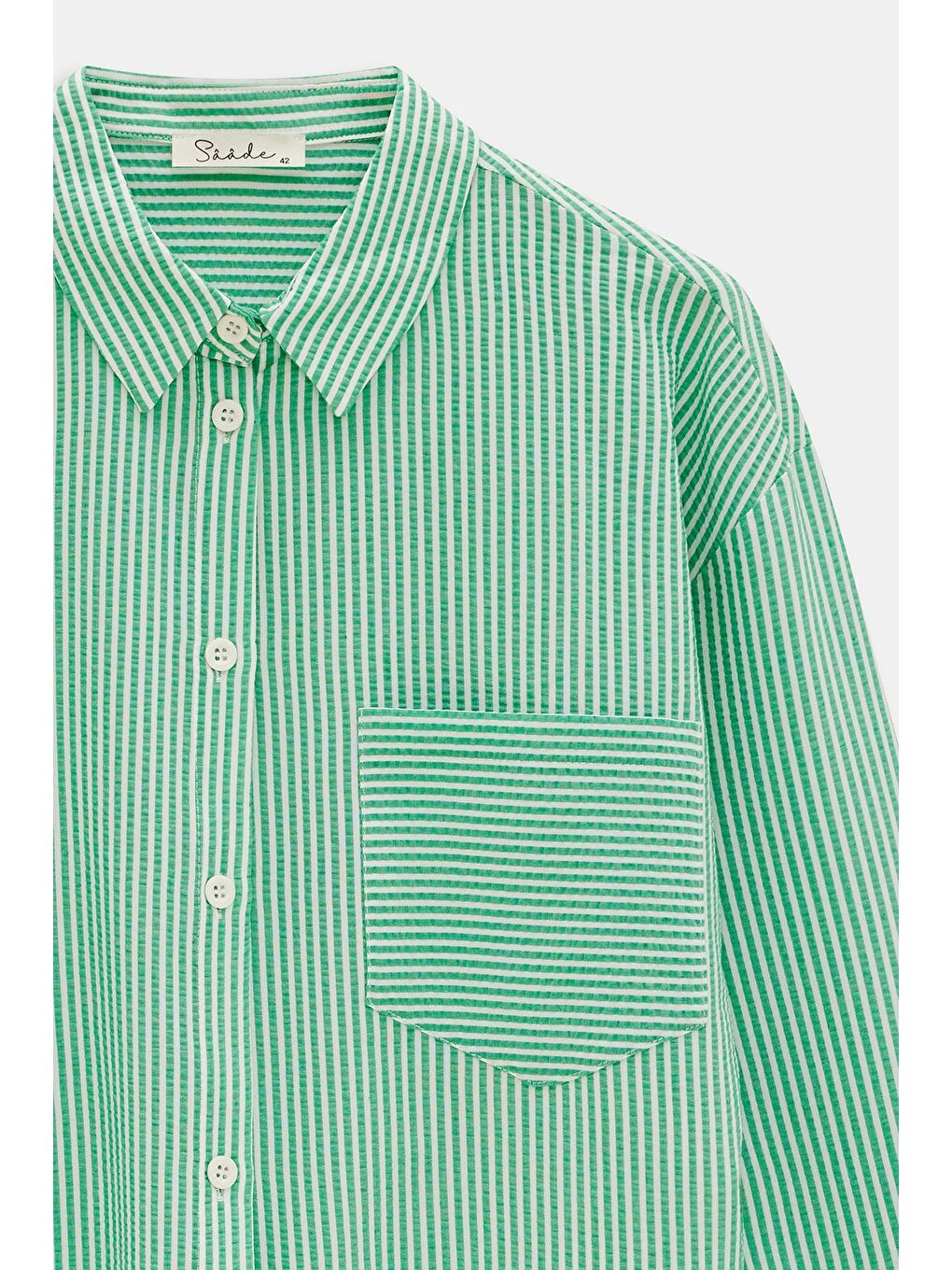 Yeşil Kadın Çizgili Relax Fit Tek Cep Dokuma Crop Gömlek - Manşeti Beyaz-1