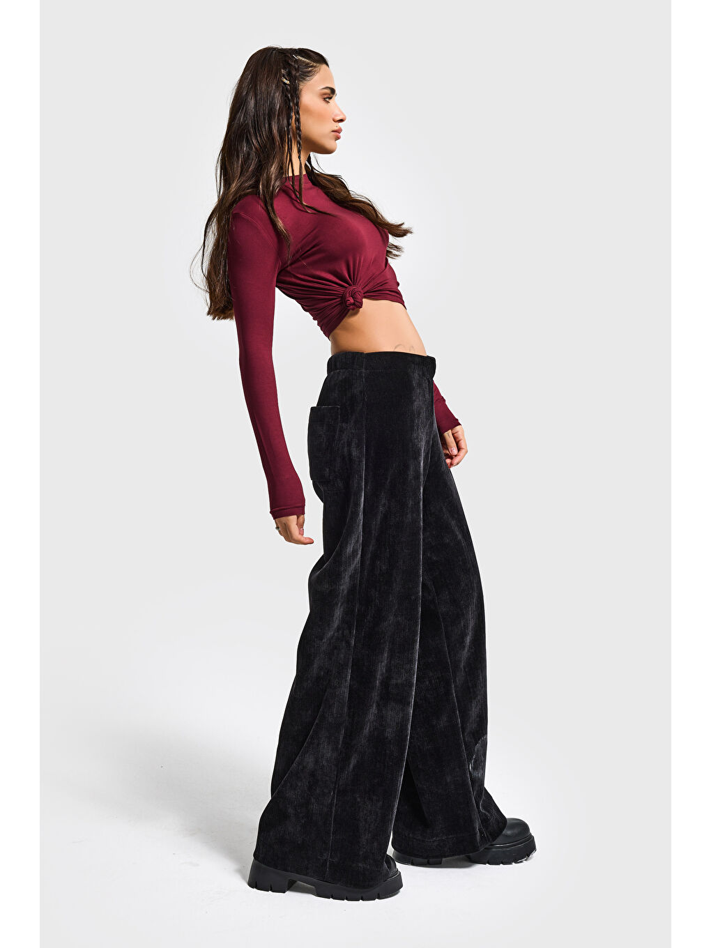 Kadın Siyah w5-1 Palazzo Fit Velvet Kadife Kumaş Pantolon-1