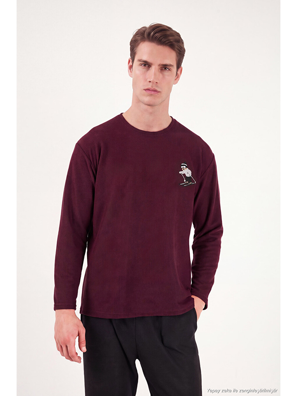 Bordo Nakışıklı Yumuşak Dokulu Bisiklet Yaka Pijama Takımı 6575010-2