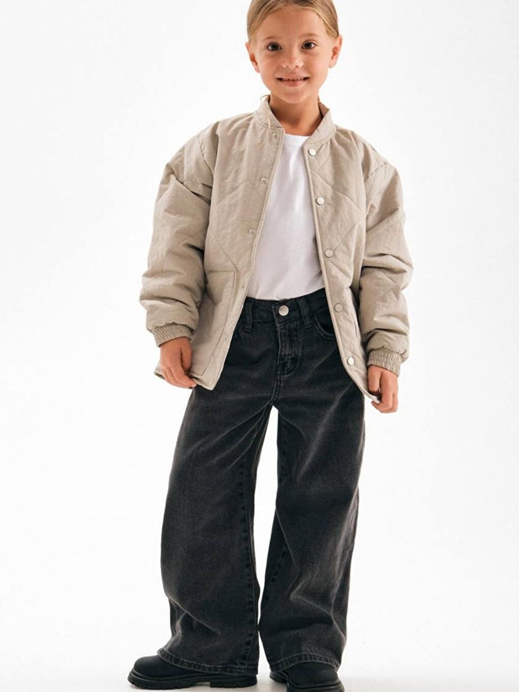 Gri Kız Çocuk 100% Pamuk Düz WideLeg Denim Jeans