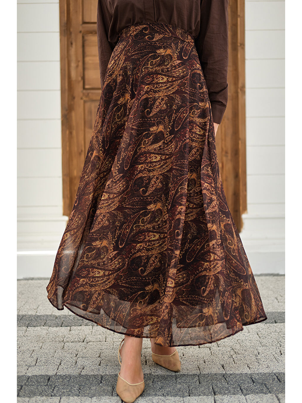 Kadın Etnik Desen Şifon Etek Kahverengi-1