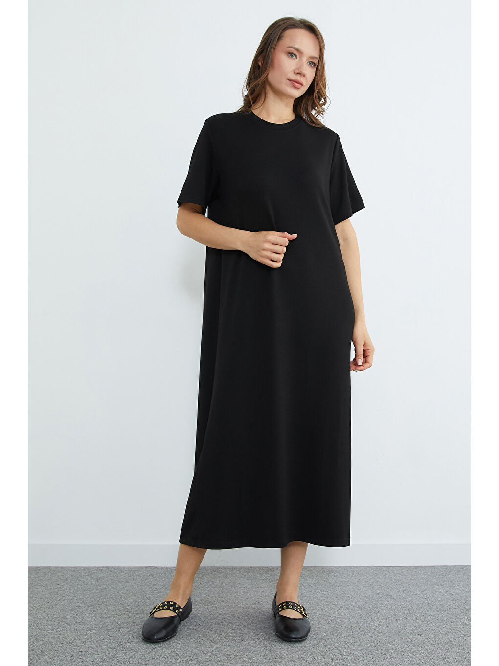 Siyah Basic Bisiklet Yaka Midi Boy Modal Elbise-2