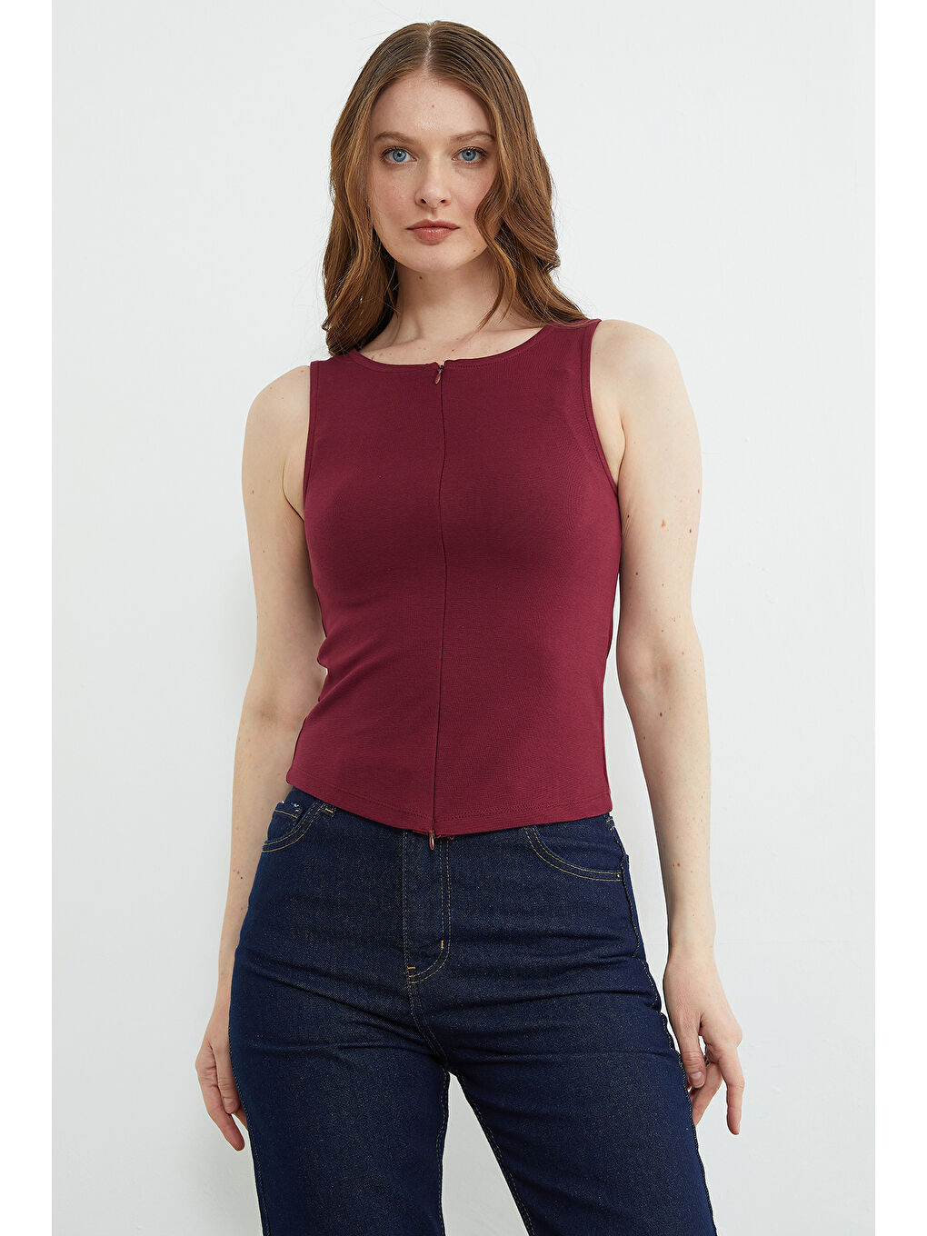 Bordo Basic Çift Fermuarlı Bluz-2