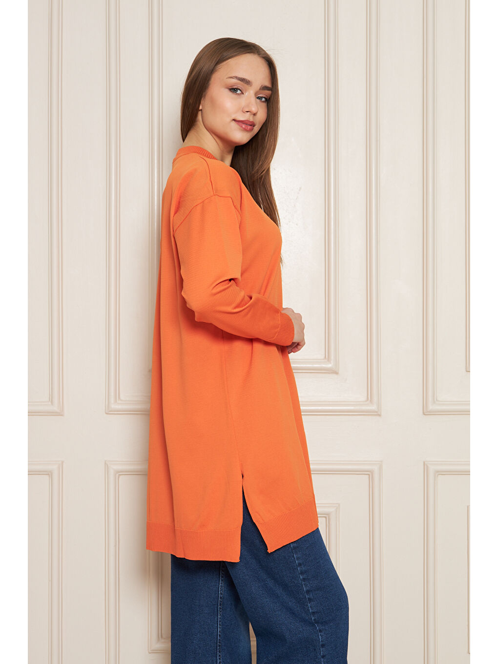 Kadın Bisiklet Yaka Yırtmaçlı Oversize Turuncu Triko Kazak-2