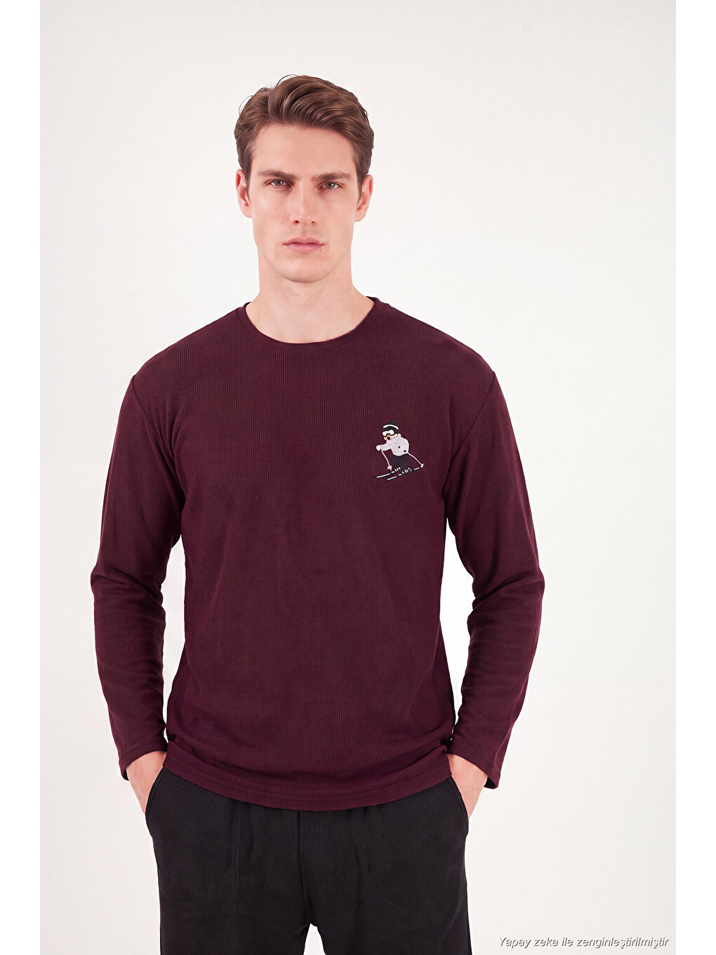 Bordo Nakışıklı Yumuşak Dokulu Bisiklet Yaka Pijama Takımı 6575010-3